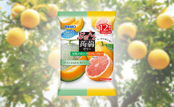 オリヒロ「ぷるんと蒟蒻ゼリーパウチ 甘熟メロン＋ピンクグレープフルーツ」12個入×24袋